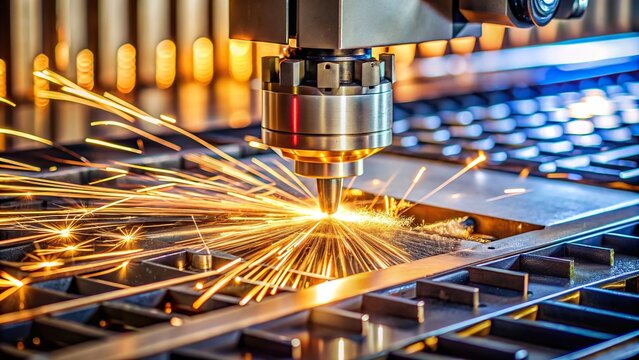 Laser cutting machine shaping metal parts in manufacturing process, industrial, automation, technology, fabrication, precision, engineering, equipment, laser beam, metalworking, production