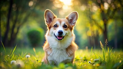 Adorable corgi sitting on green grass, cute, pet, dog, animal, fluffy, adorable, white, small, playful, happy, breed, domestic, purebred, fur, eyes, ears, smile, grass