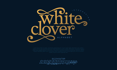 White clover premium luxury elegant alphabet letters and numbers. Vintage wedding typography classic serif font decorative vintage retro. creative vector illustration