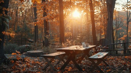 Canvas Print - Outdoor Woodland Setting During Sunset in Autumn