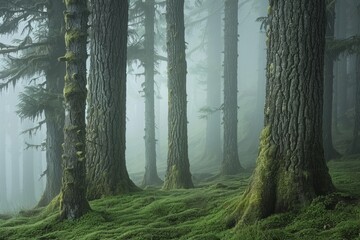 Wall Mural - A forest with trees covered in moss and a foggy atmosphere