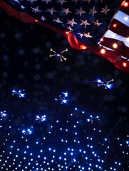 Wall Mural - Lit up drones during an air show with red and blue lights for the forth of July.