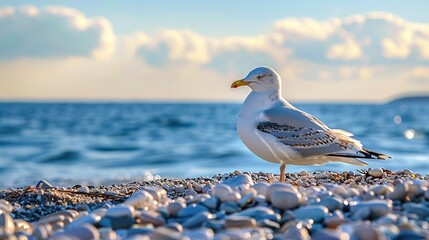 Wall Mural - Sea landscape, seagull sitting on the beach . Generative Ai