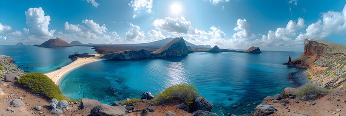 Wall Mural - 8k, panorama, Top view widescreen of Seascape The wonders of the Galapagos ecosystem, A tropical underwater scene with fish, coral reefs, and a diver in the blue ocean