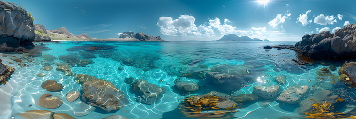 8k, panorama, Top view widescreen of Seascape The wonders of the Galapagos ecosystem, A tropical underwater scene with fish, coral reefs, and a diver in the blue ocean