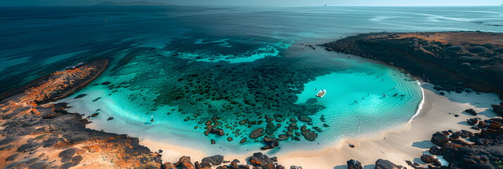 Wall Mural - 8k, panorama, Top view widescreen of Seascape The wonders of the Galapagos ecosystem, A tropical underwater scene with fish, coral reefs, and a diver in the blue ocean