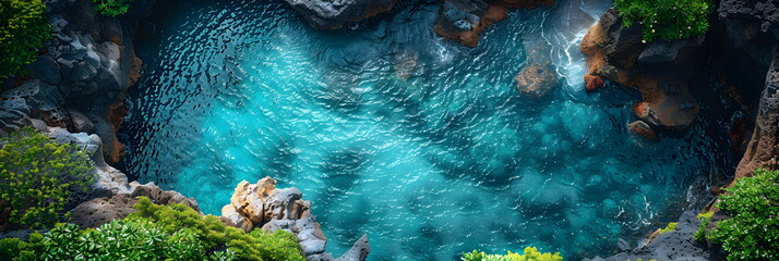 Wall Mural - 8k, panorama, Top view widescreen of Seascape The wonders of the Galapagos ecosystem, A tropical underwater scene with fish, coral reefs, and a diver in the blue ocean