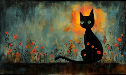 Wall Mural - Illustration of a black cat in flowers.