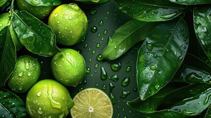 Wall Mural - Top view of fresh lime and leaf with water drops as a background