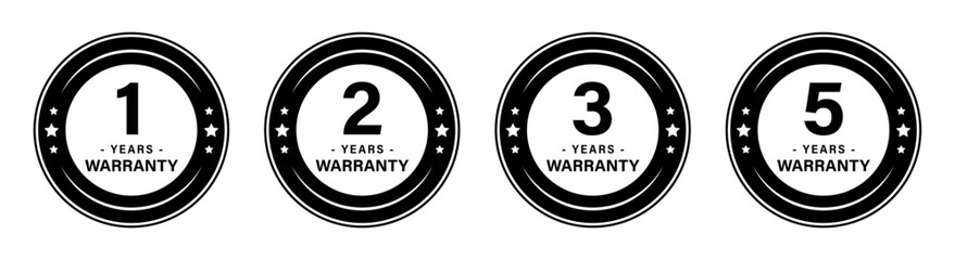 Wall Mural - 1, 2, 3 and 5 years warranty stamp with stars in circle for product quality assurance. 1, 2, 3, and 5-year warranty label or seal flat icon in black and white vector logo