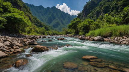 beautiful landscape view river behind mountain