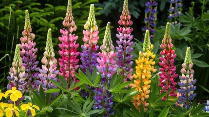 Canvas Print - Lupine plants displaying pink yellow and purple flowers flourishing in the garden