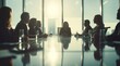 © yj - group of professional people sitting at a table in a boardroom listening to one woman talking about business strategy. generative AI