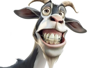 cute cartoon of goat smiling with white teeth and dental braces isolated on a white background 