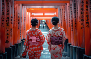 Wall Mural - two women in kimono walking through the torii gate at Fushimi Inari Taisha shrine