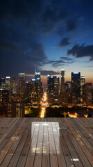 Wall Mural - A city skyline at night with a wooden deck in the foreground