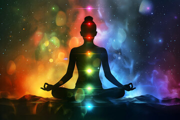 Wall Mural - a futuristic and colorful cosmic space background with transcendental chakras for meditation and rel