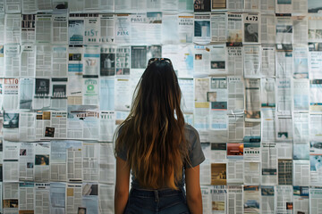 Sticker - Woman Standing in Front of Wall of Newspapers