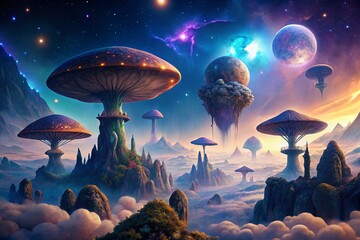 a surreal dreamscape image combining elements like floating islands, giant mushrooms, and whimsical creatures under a starry sky, evoking a sense of wonder and fantasy.
