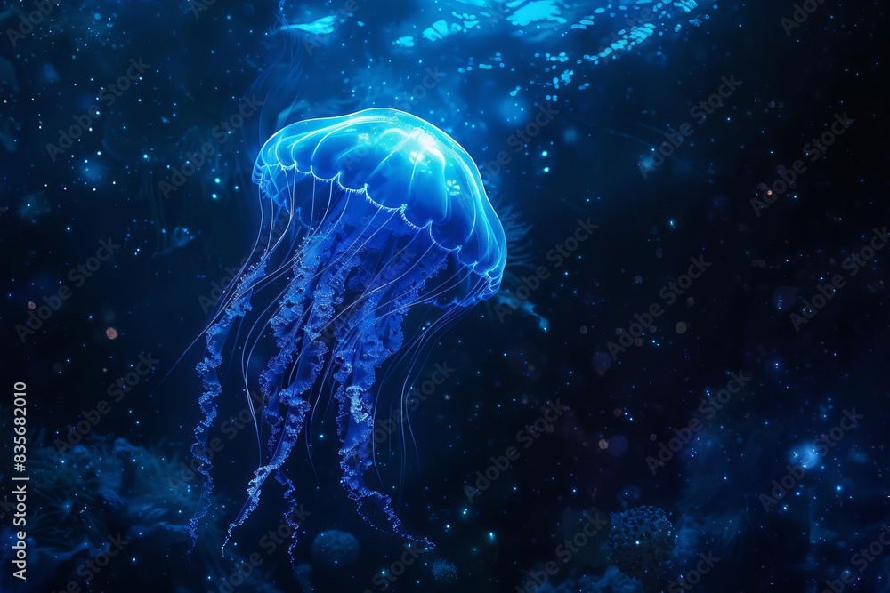 Majestic blue jellyfish illuminated underwater, gracefully floating in ...