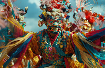 Wall Mural - A Tibetan monk in colorful traditional attire, wearing an elaborate mask and dancing with the sky at the Jyderad festival in Luesday, Sake Island