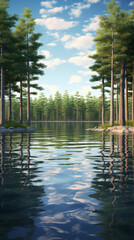 Wall Mural - A serene forest scene with a body of water in the foreground