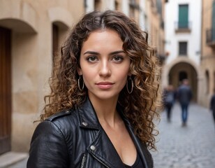 Wall Mural - A woman with curly hair is wearing a black leather jacket