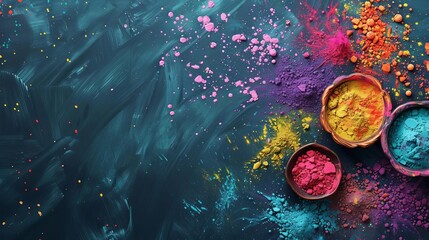 Top view of Holi celebration, brightly hued powders in neatly arranged bowls, dynamic splash of colors, capturing the festive spirit of Indian culture, photorealistic detail, blank area for text