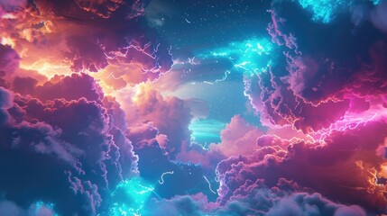 Unreal sky with clouds, neon. Generation AI