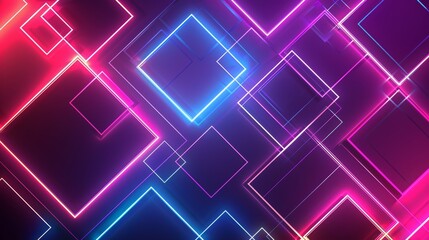 Wall Mural - Futuristic neon square patterns on dark background - An intricate array of neon squares and rectangles creates a network of glowing lines on a dark abstract background