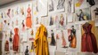 © inthasone - A close-up of fashion design sketches and cutout drawings on the wall, showcasing different styles of designs on white paper, Templates Hanging on the Wall.