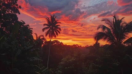 Wall Mural - Vivid red sky and clouds during sunset above a tropical forest