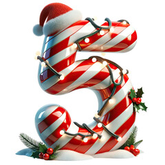 Wall Mural - Christmas candy cane number 5 clipart with Santa hat holly berries pinecones festive lights isolated