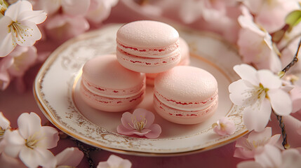 A plate of pink macarons with pink flowers in the background