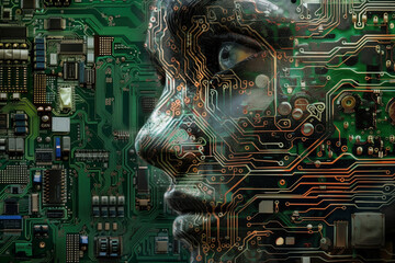 A computer chip with a face on it. The face is made up of electronic components and wires. Concept of technology and innovation, as well as the idea of human-like machines