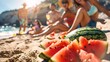 © LKT - A group of friends at a beach picnic, enjoying slices of juicy watermelon under a bright summer sun. They laugh and play beach volleyball in the background, with the ocean waves gently crashing