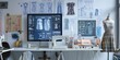 © inthasone - Photo of a fashion designer's studio with mannequins, Hanging Clothes, sewing machines, and colorful fabrics on the table. The walls have sketches and blueprints of designs and patterns.