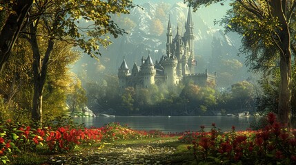 Wall Mural - Fantasy Realm: Create a fantasy realm with majestic castles, mystical forests, and mythical creatures, perfect for book covers and game designs.