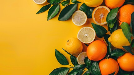 Fresh ripe juicy orange lemons and green leaves isolated on yellow background with copyspace for text