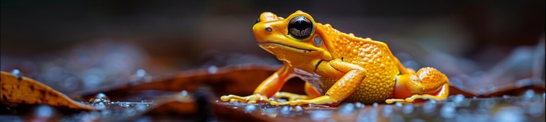 The golden poison dart frog moves cautiously through the leaf litter of the rainforest, its vibrant yellow skin signaling the lethal toxicity it gains from consuming insects.