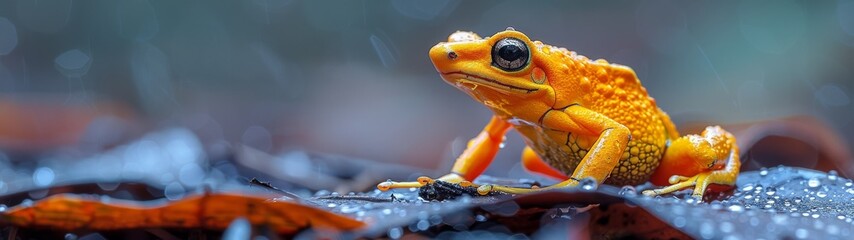 Amidst the leaf litter of the humid rainforest, the golden poison dart frog's bright yellow skin serves as a clear warning of its deadly toxicity, derived from its insect diet.
