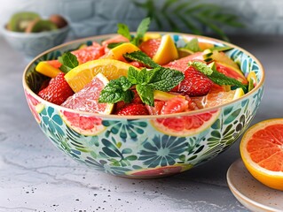 a refreshing fruit salad served in a vibrant, tropical-themed bowl, offering a healthy and delicious