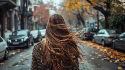 Canvas Print - Girl with long hair showcasing autumn street style fashion on the street