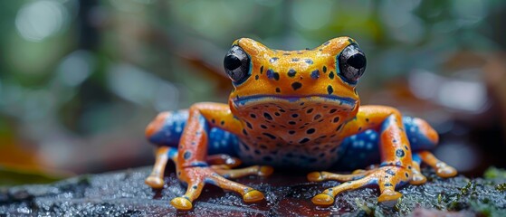 Wall Mural - In the humid rainforest, the vivid hues of the poison dart frog are a visual deterrent to predators, advertising the potent toxins secreted through their skin.