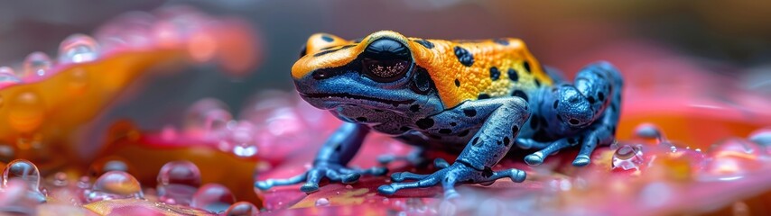 Wall Mural - Among the lush foliage of the rainforest, the poison dart frog's vibrant hues act as a clear warning, indicative of the potent toxins they produce.