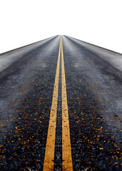 Straight asphalt road with yellow divider lines, cut out