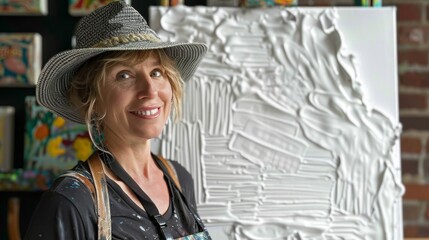 Wall Mural - A woman wearing a hat and smiling in front of a painting