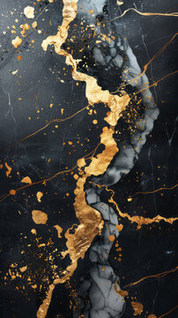 Black and white marble with gold accents, creating a flowing fluid abstraction, with a black background and golden splashes.