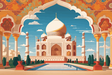 Wall Mural - The Taj Mahal white marble mausoleum on the right bank of the river Yamuna in Agra illustration