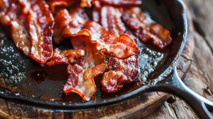 Sticker - Closeup of sizzling bacon strips in a skillet on a wooden surface